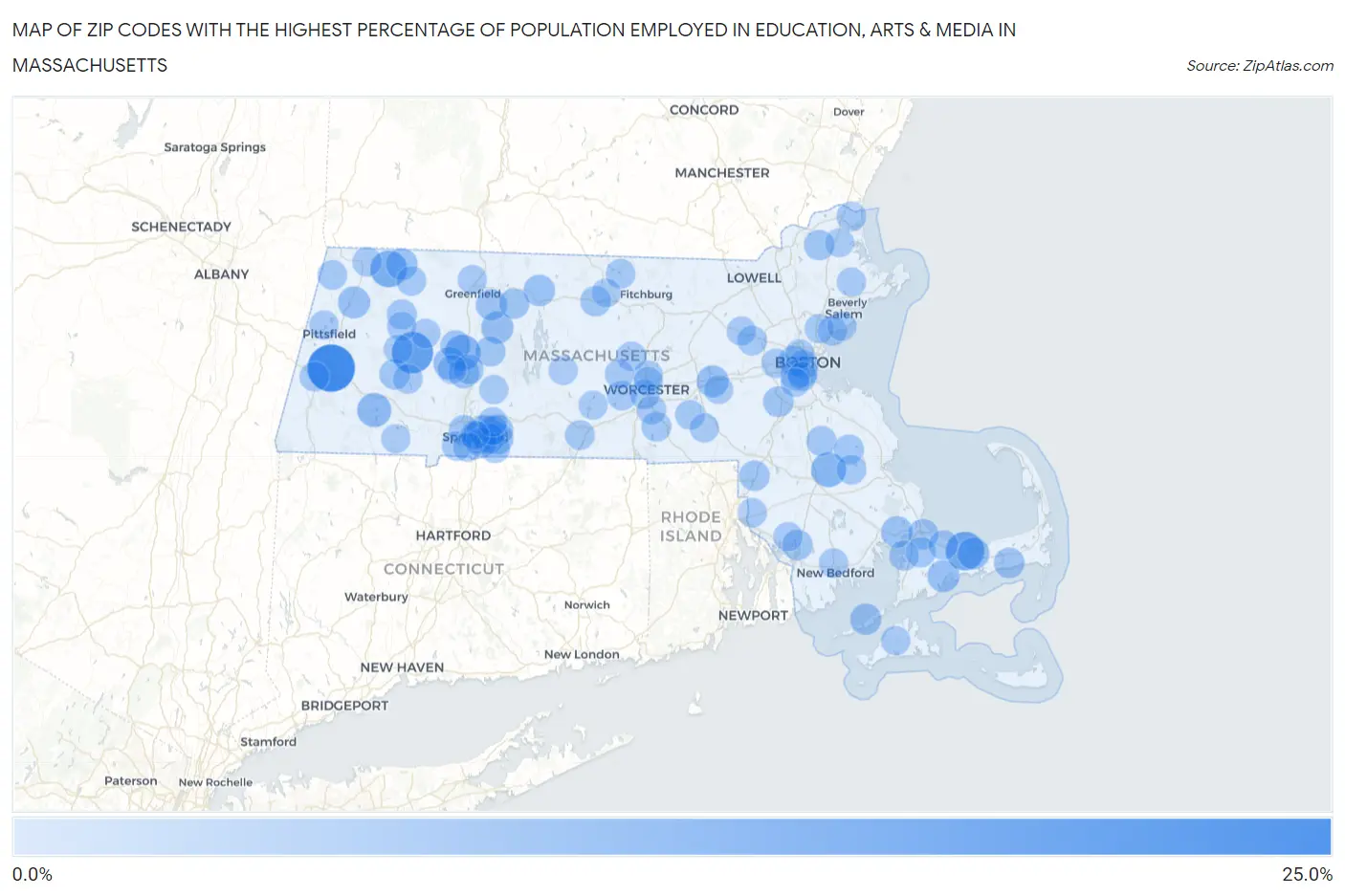 Zip Codes with the Highest Percentage of Population Employed in Education, Arts & Media in Massachusetts Map