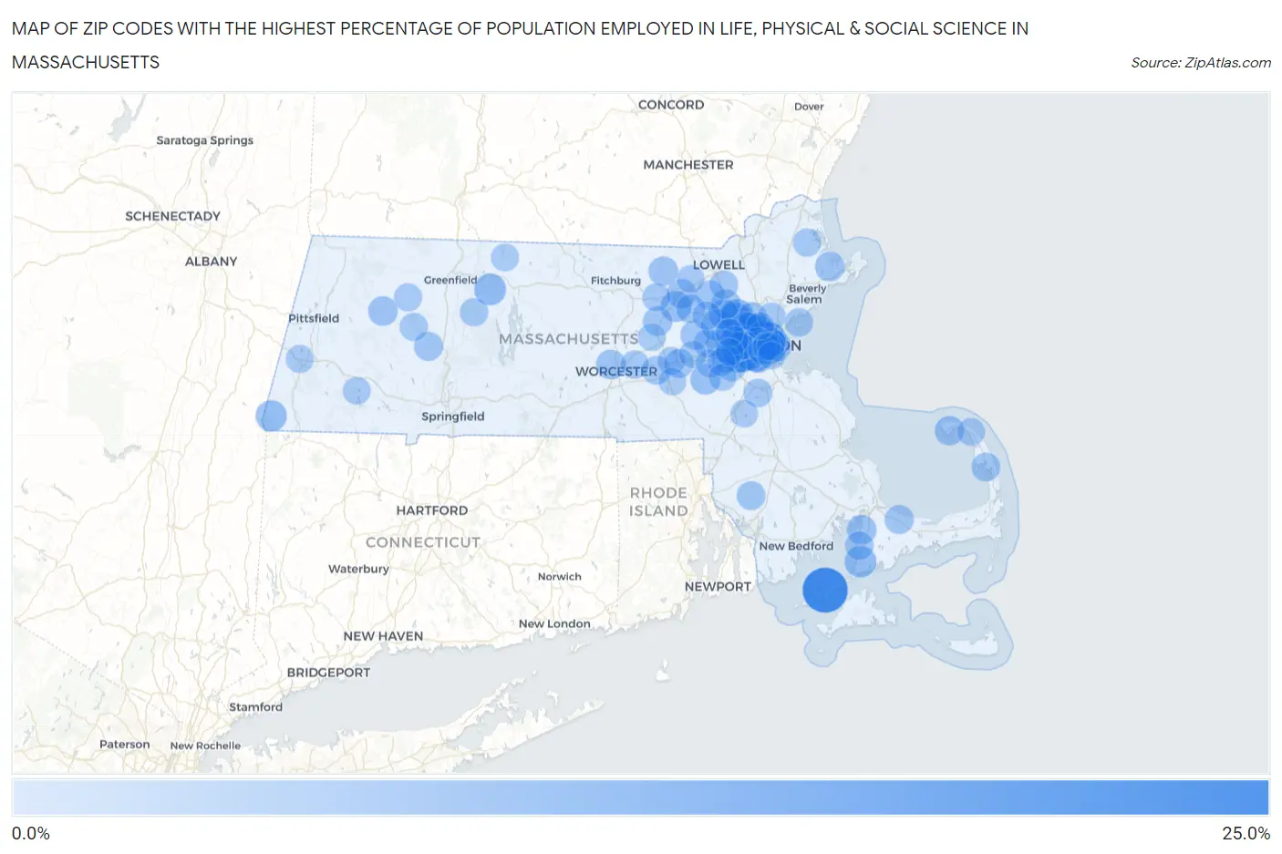 Zip Codes with the Highest Percentage of Population Employed in Life, Physical & Social Science in Massachusetts Map