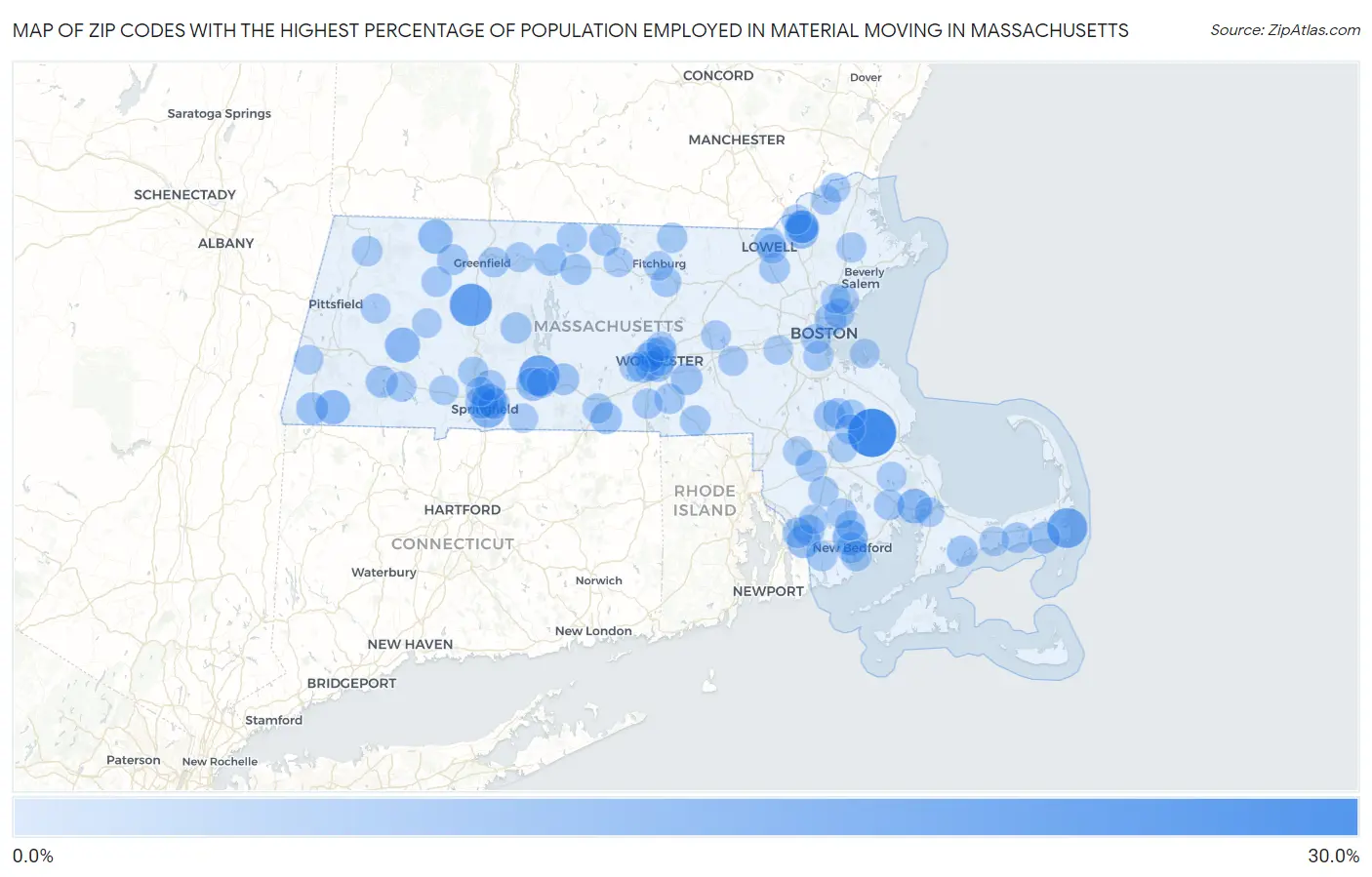 Zip Codes with the Highest Percentage of Population Employed in Material Moving in Massachusetts Map