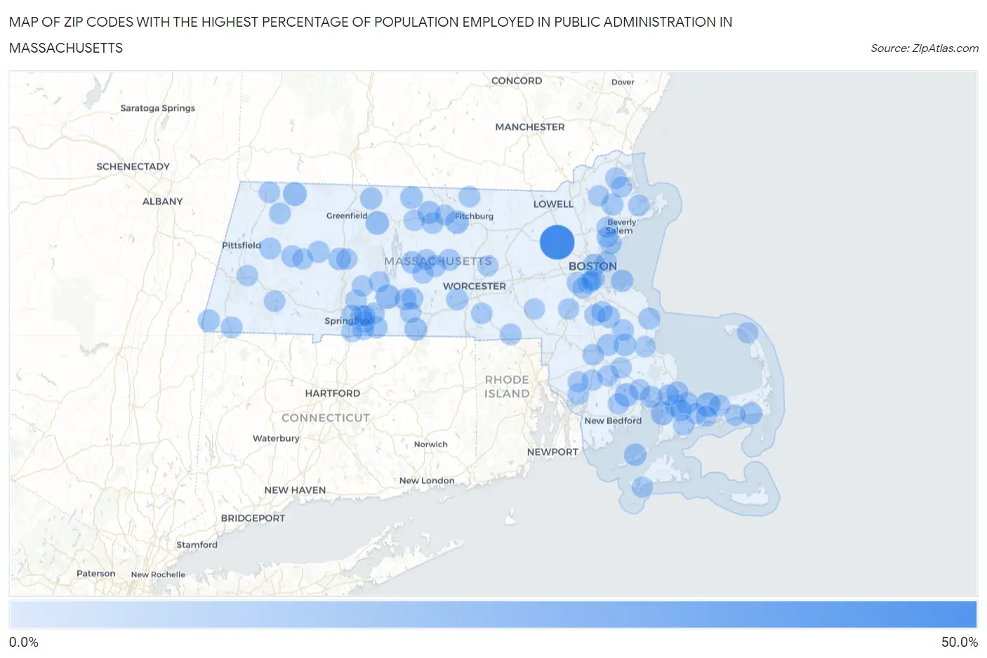 Zip Codes with the Highest Percentage of Population Employed in Public Administration in Massachusetts Map