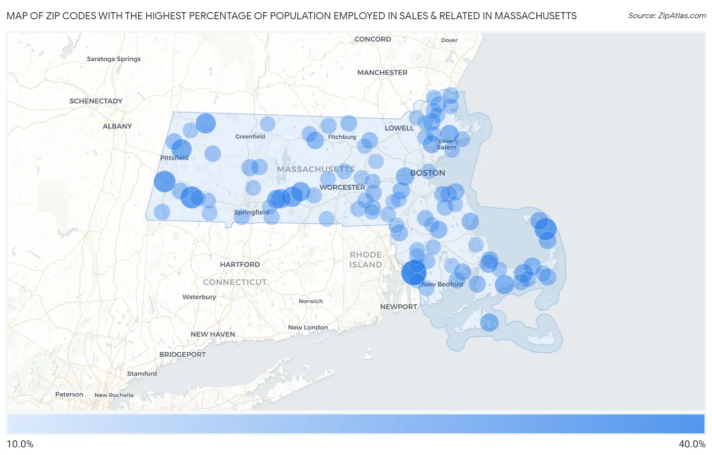 Zip Codes with the Highest Percentage of Population Employed in Sales & Related in Massachusetts Map