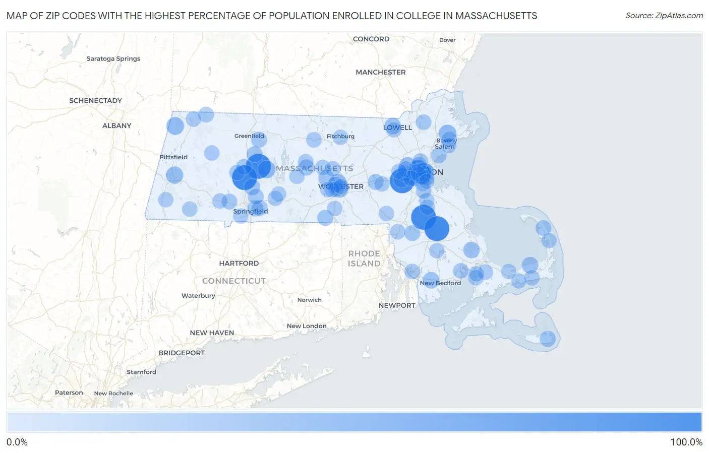 Zip Codes with the Highest Percentage of Population Enrolled in College in Massachusetts Map