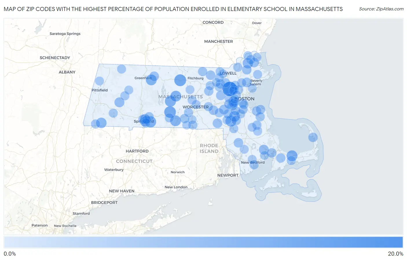 Zip Codes with the Highest Percentage of Population Enrolled in Elementary School in Massachusetts Map