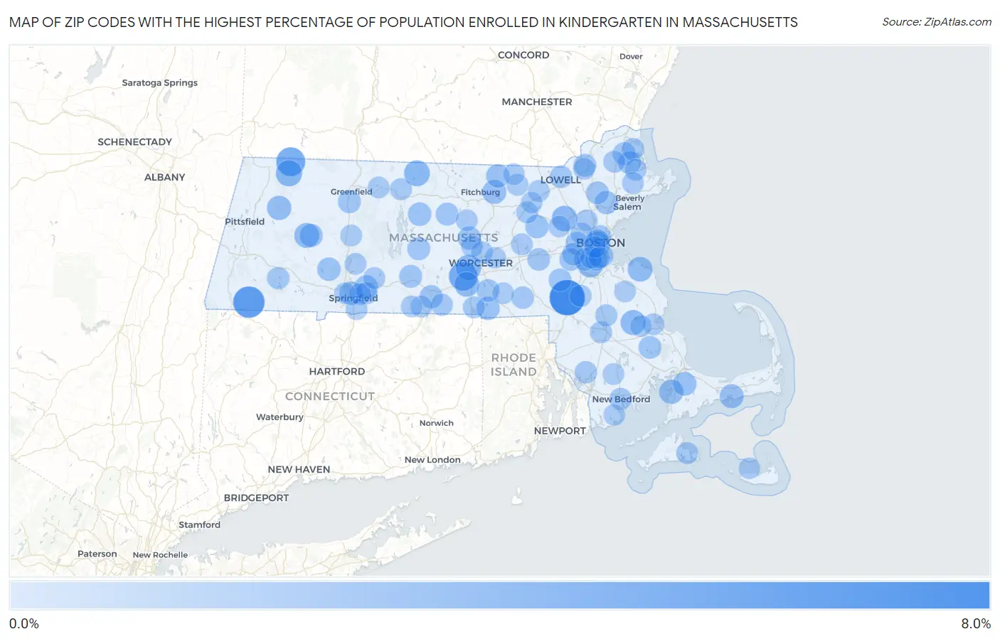 Zip Codes with the Highest Percentage of Population Enrolled in Kindergarten in Massachusetts Map