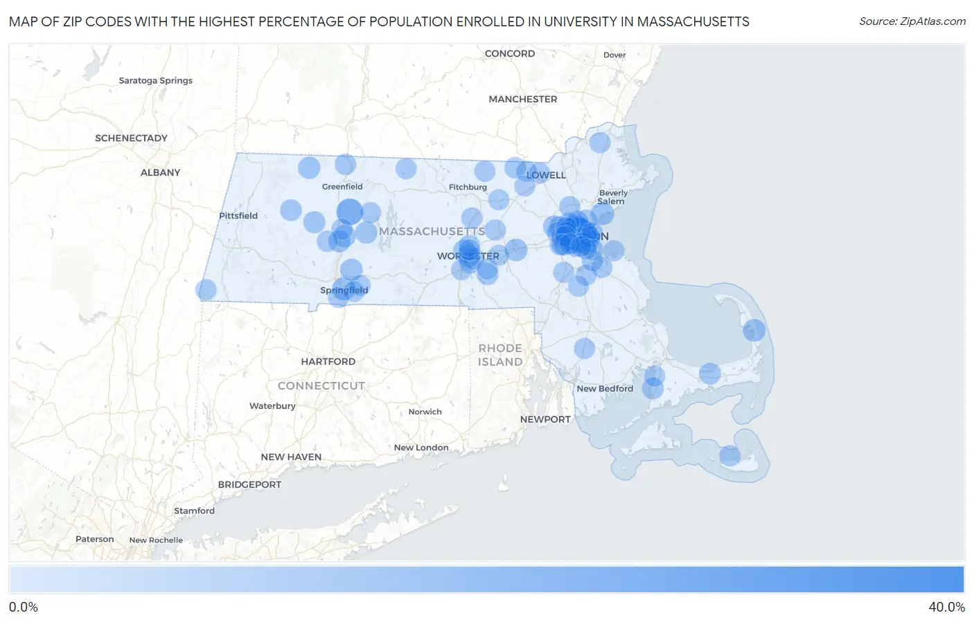 Zip Codes with the Highest Percentage of Population Enrolled in University in Massachusetts Map
