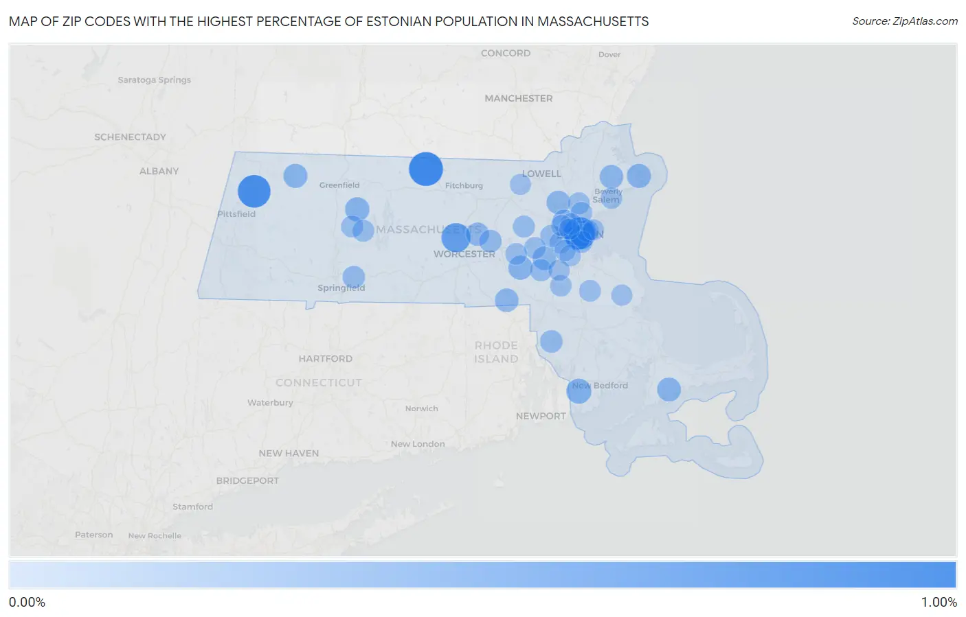 Zip Codes with the Highest Percentage of Estonian Population in Massachusetts Map