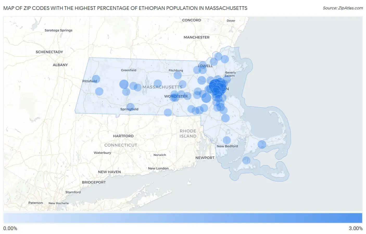 Zip Codes with the Highest Percentage of Ethiopian Population in Massachusetts Map