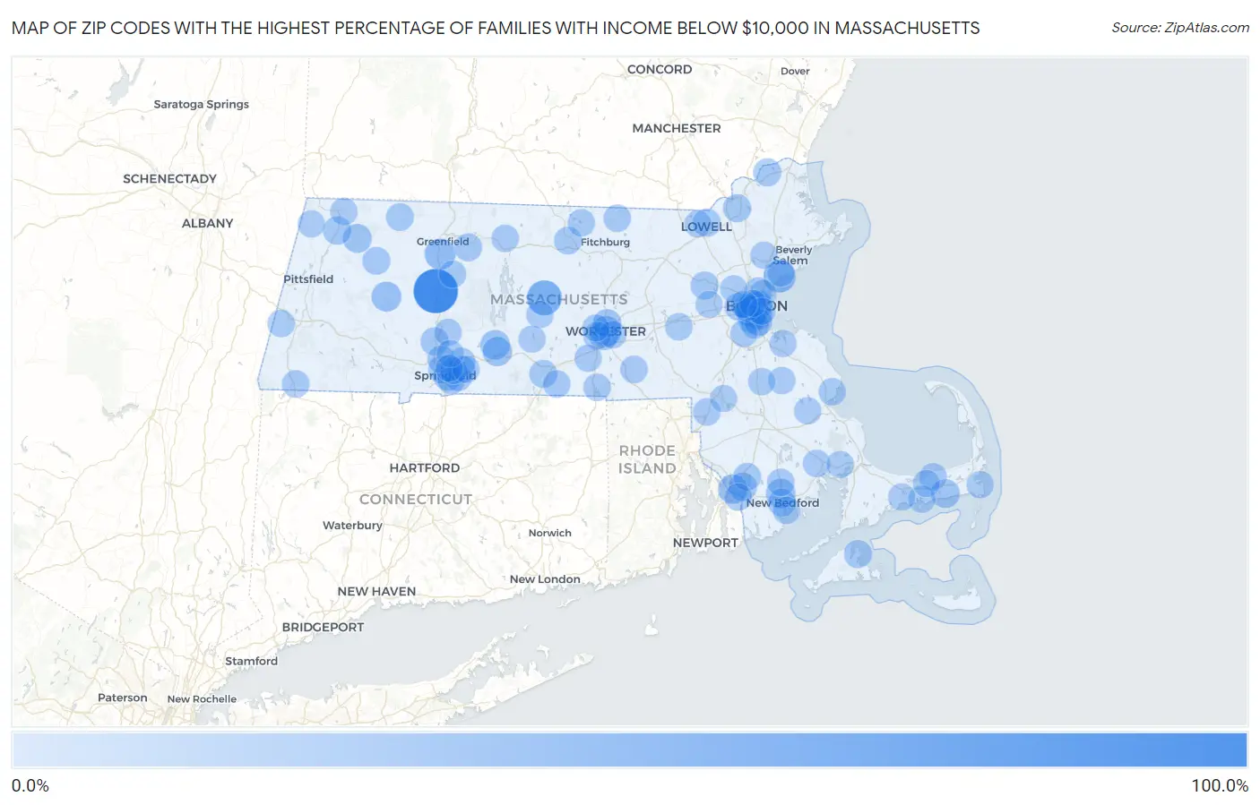Zip Codes with the Highest Percentage of Families with Income Below $10,000 in Massachusetts Map