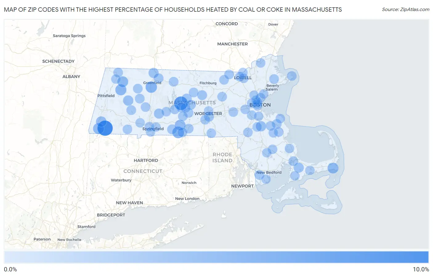 Zip Codes with the Highest Percentage of Households Heated by Coal or Coke in Massachusetts Map