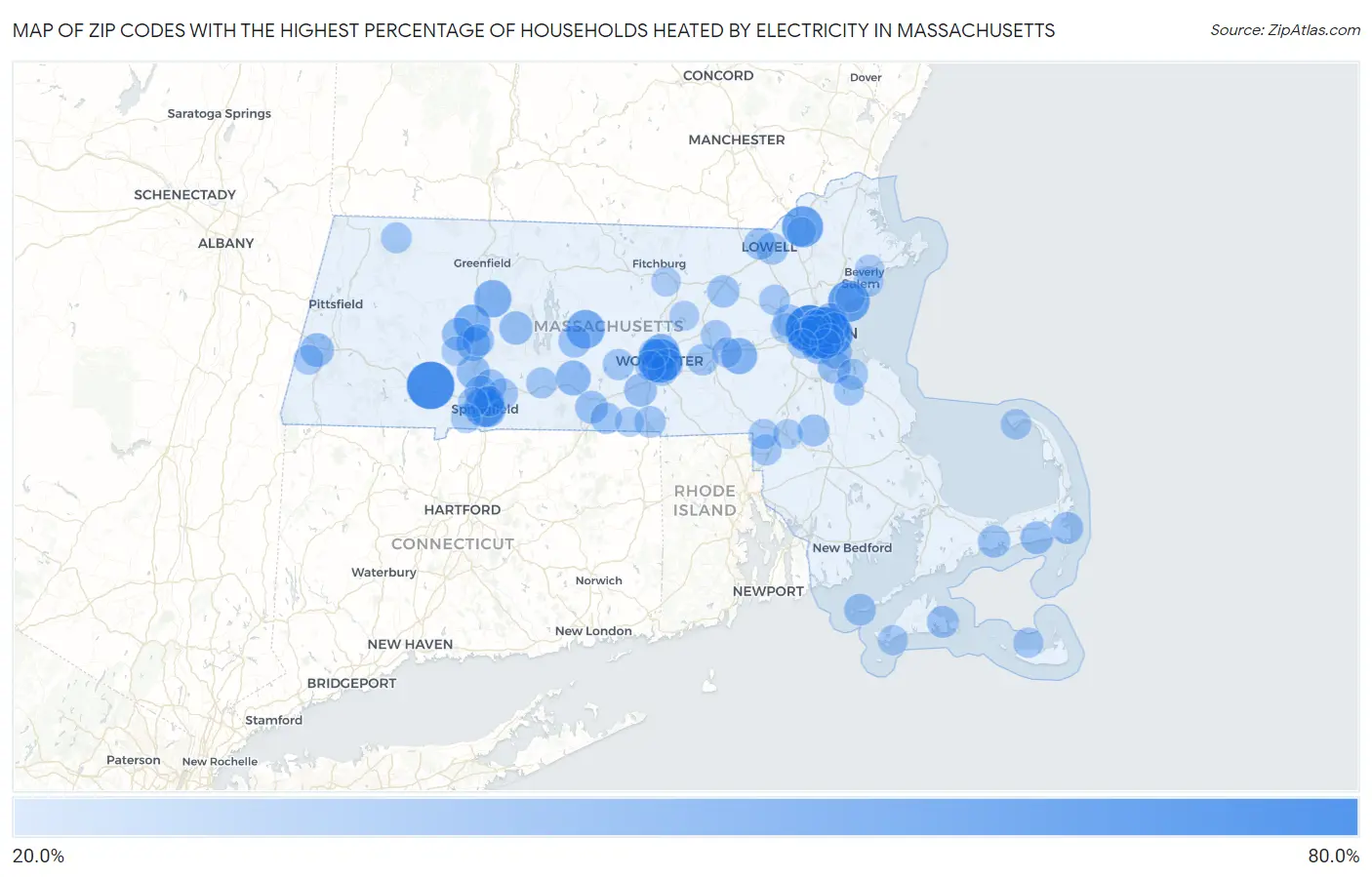 Zip Codes with the Highest Percentage of Households Heated by Electricity in Massachusetts Map