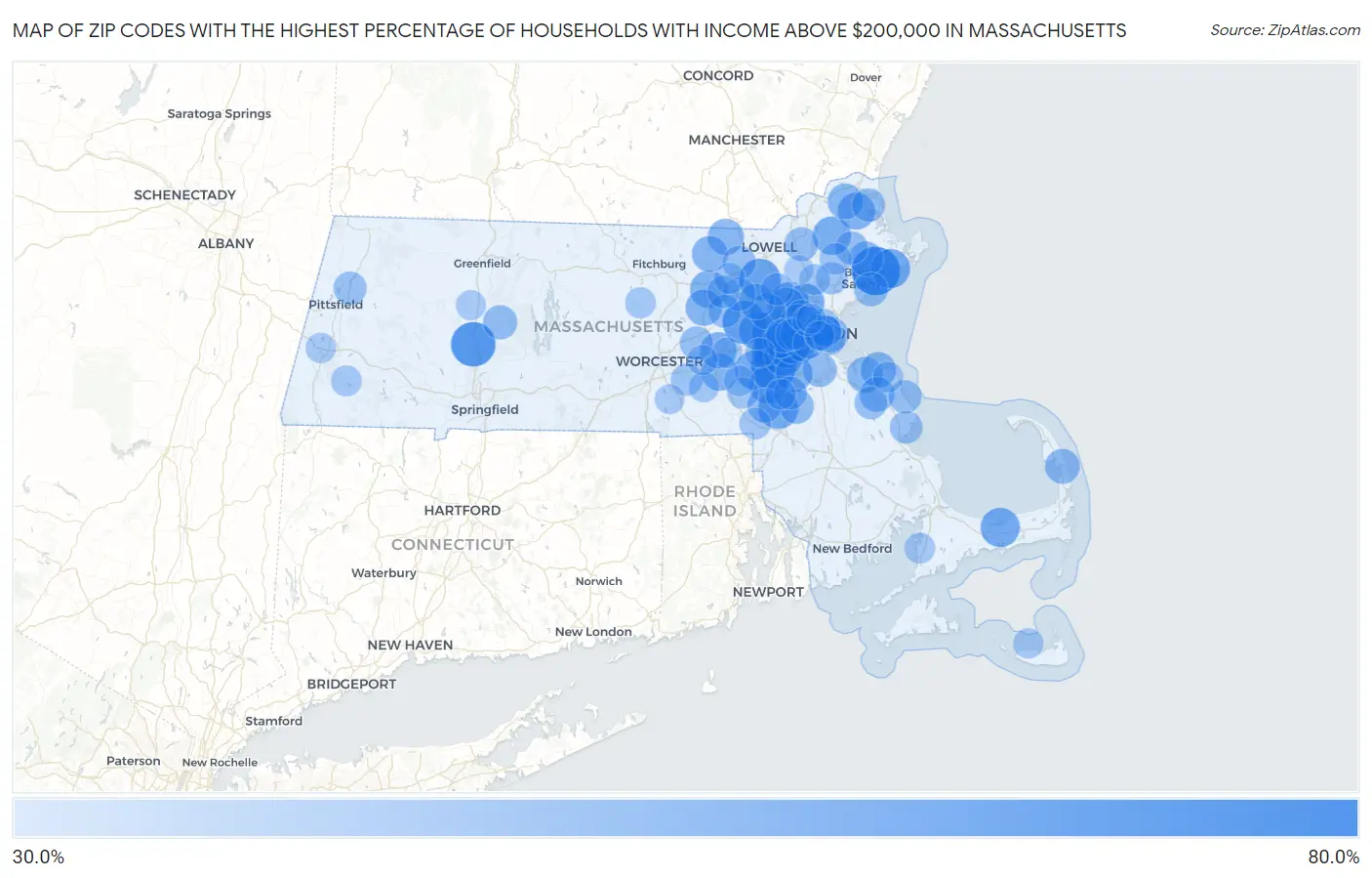 Zip Codes with the Highest Percentage of Households with Income Above $200,000 in Massachusetts Map