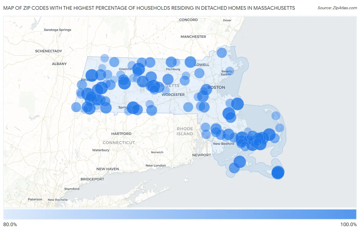 Zip Codes with the Highest Percentage of Households Residing in Detached Homes in Massachusetts Map