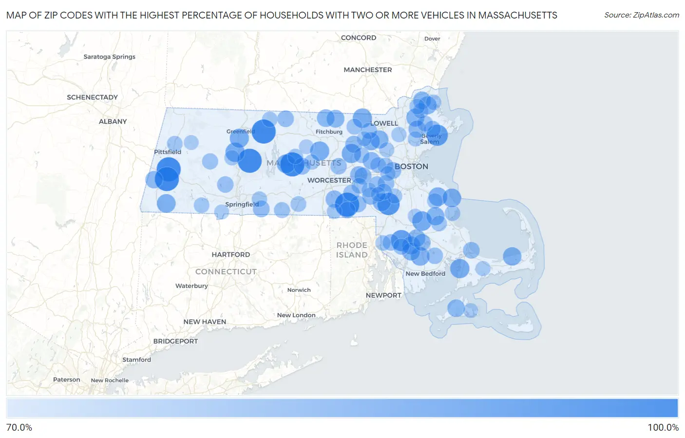 Zip Codes with the Highest Percentage of Households With Two or more Vehicles in Massachusetts Map