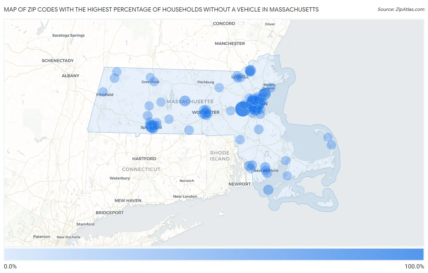Zip Codes with the Highest Percentage of Households Without a Vehicle in Massachusetts Map