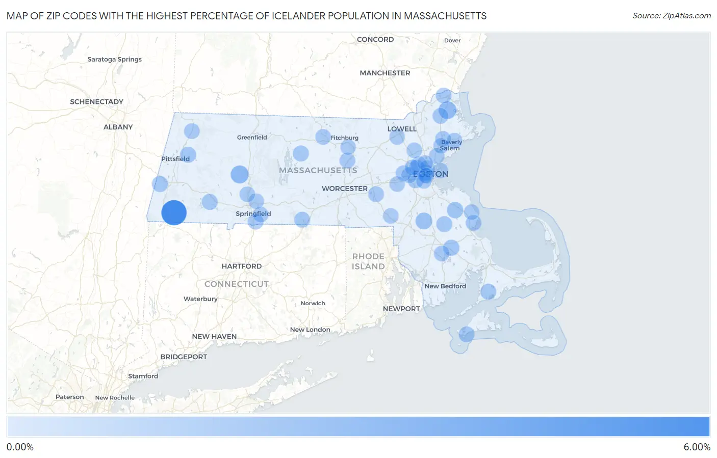Zip Codes with the Highest Percentage of Icelander Population in Massachusetts Map
