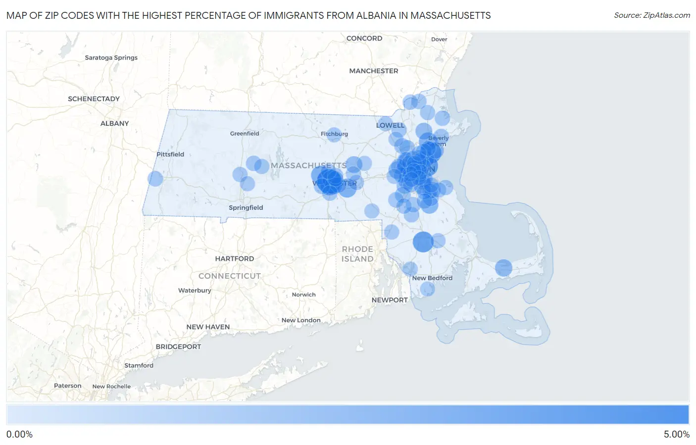 Zip Codes with the Highest Percentage of Immigrants from Albania in Massachusetts Map