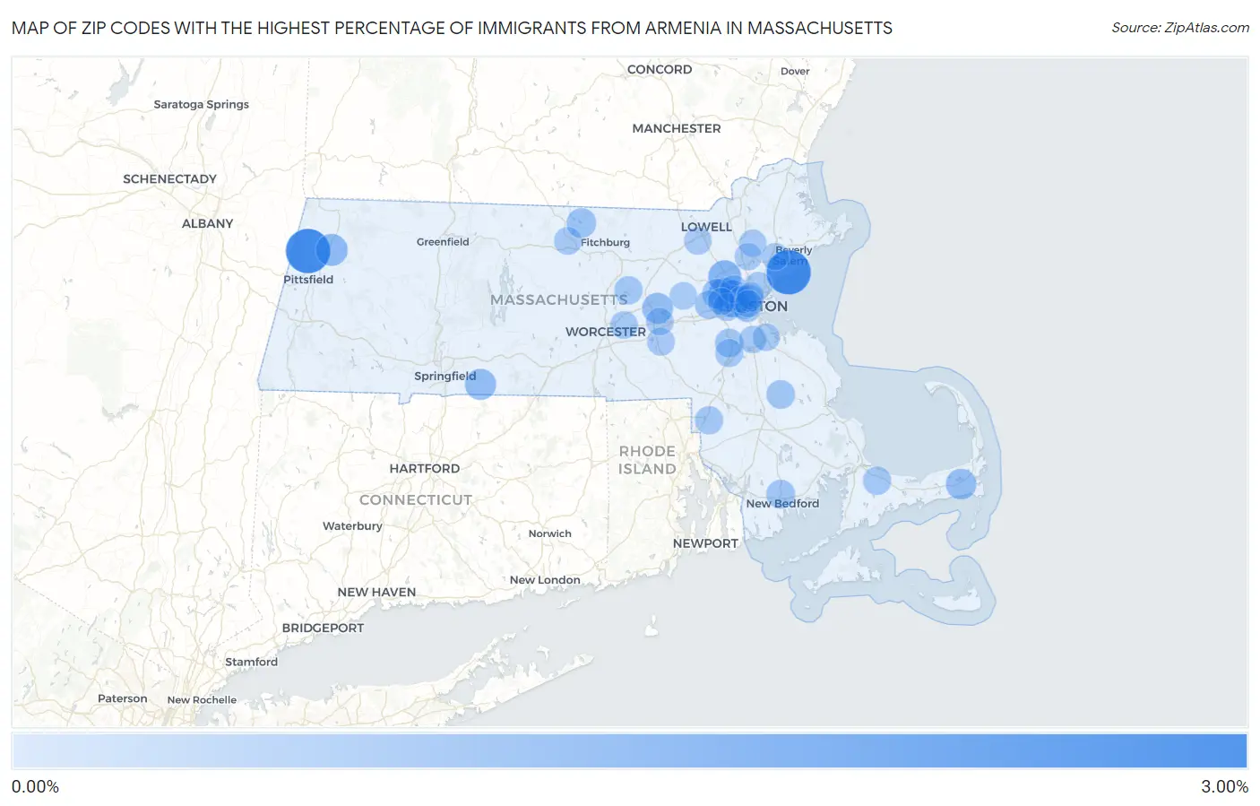 Zip Codes with the Highest Percentage of Immigrants from Armenia in Massachusetts Map