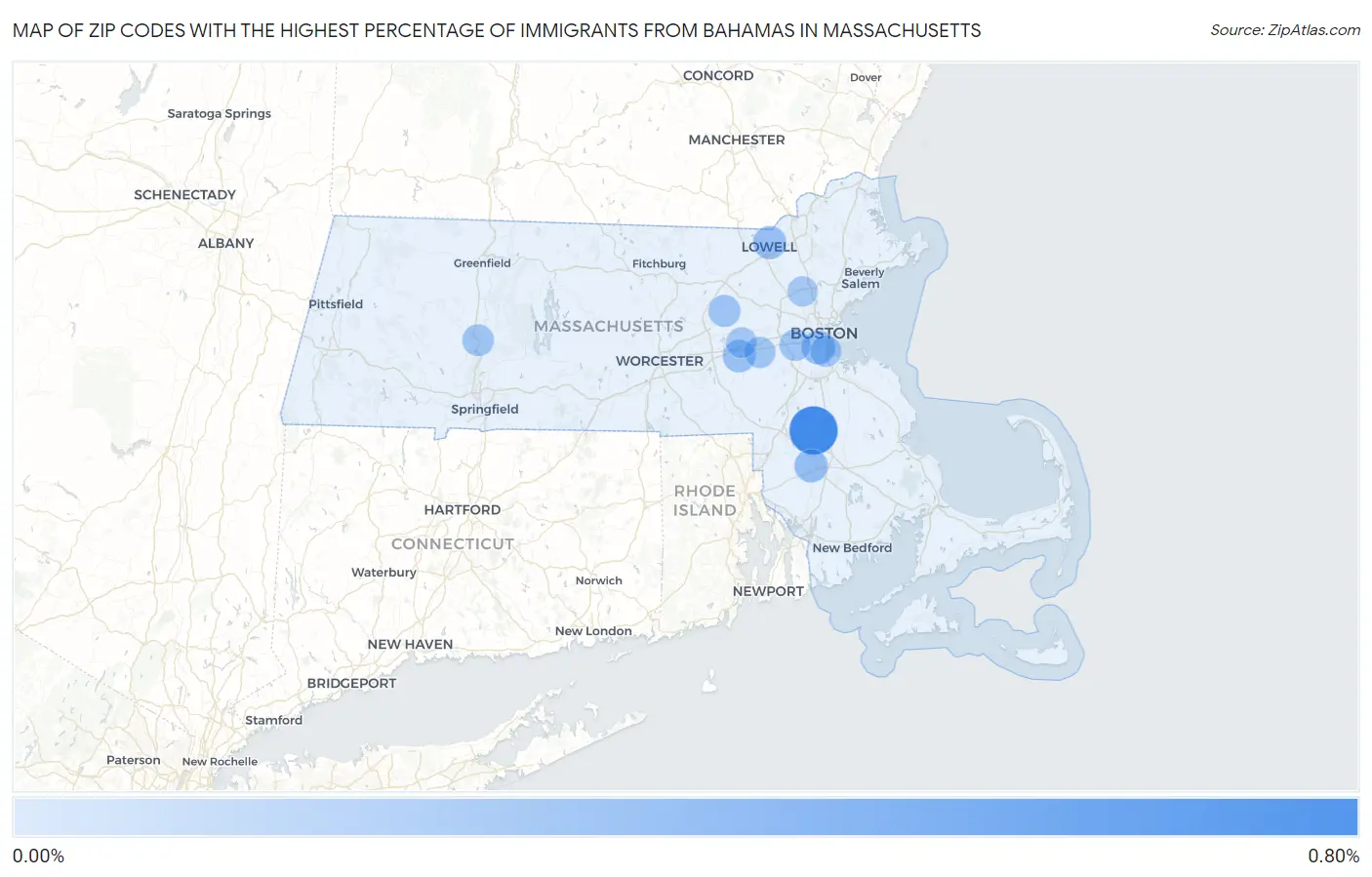Zip Codes with the Highest Percentage of Immigrants from Bahamas in Massachusetts Map
