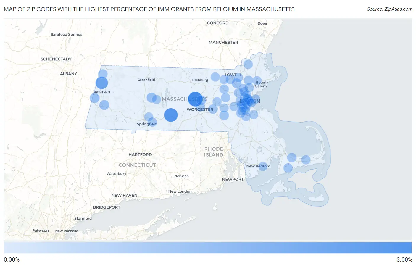 Zip Codes with the Highest Percentage of Immigrants from Belgium in Massachusetts Map