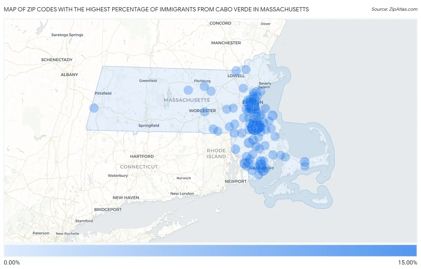 Zip Codes with the Highest Percentage of Immigrants from Cabo Verde in Massachusetts Map