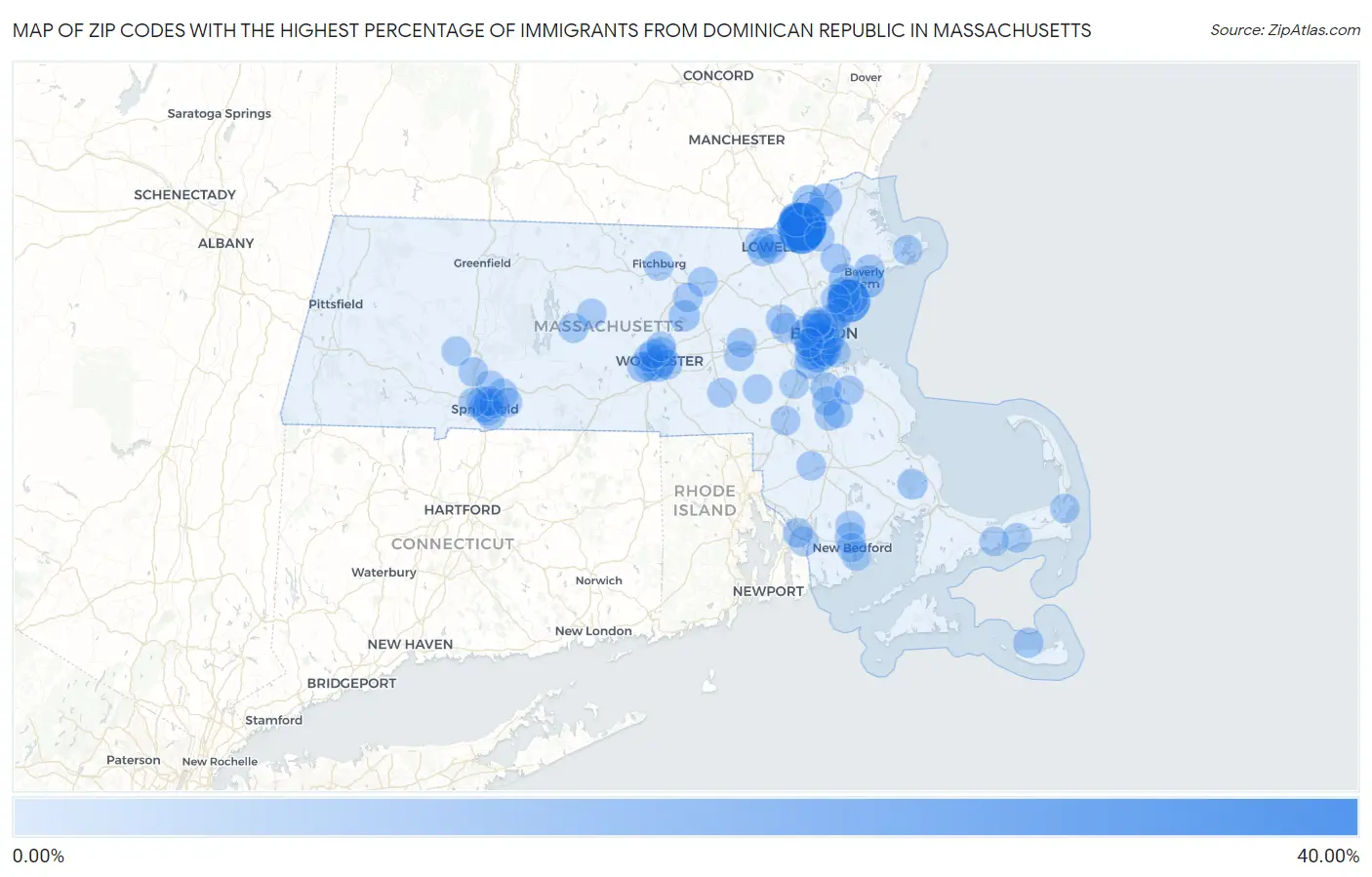 Zip Codes with the Highest Percentage of Immigrants from Dominican Republic in Massachusetts Map