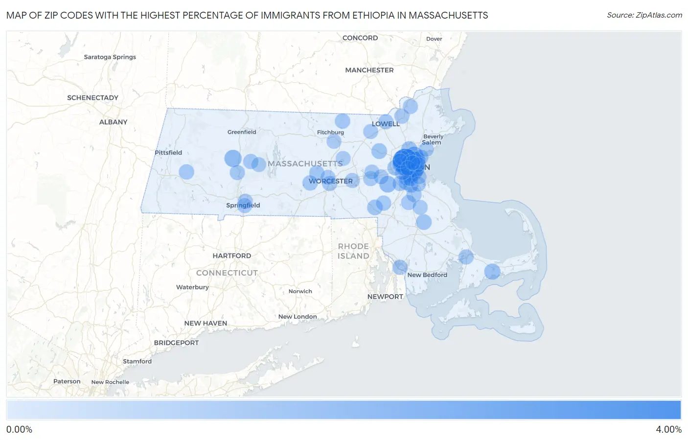 Zip Codes with the Highest Percentage of Immigrants from Ethiopia in Massachusetts Map