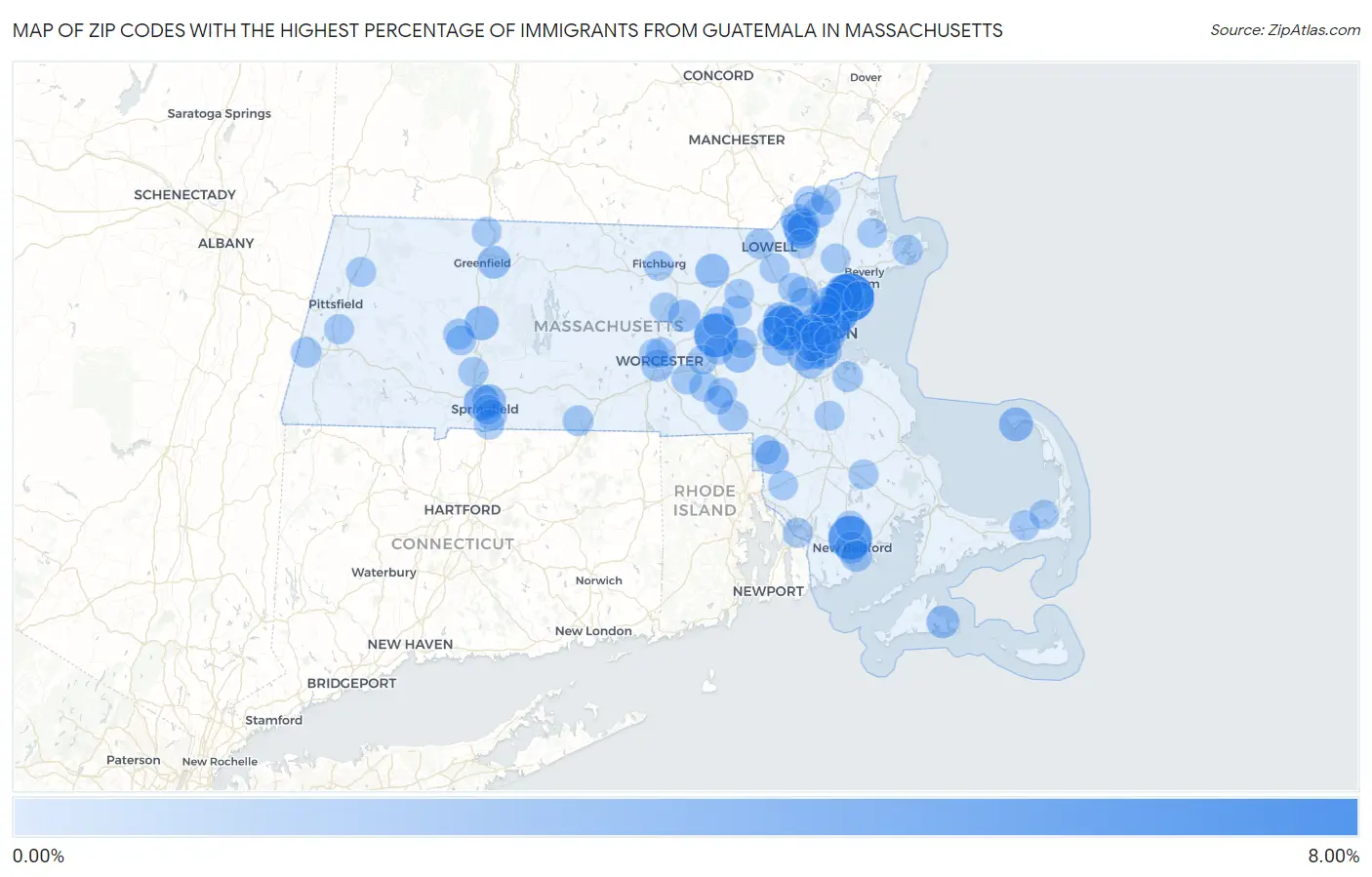 Zip Codes with the Highest Percentage of Immigrants from Guatemala in Massachusetts Map