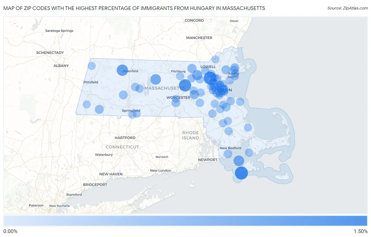 Zip Codes with the Highest Percentage of Immigrants from Hungary in Massachusetts Map
