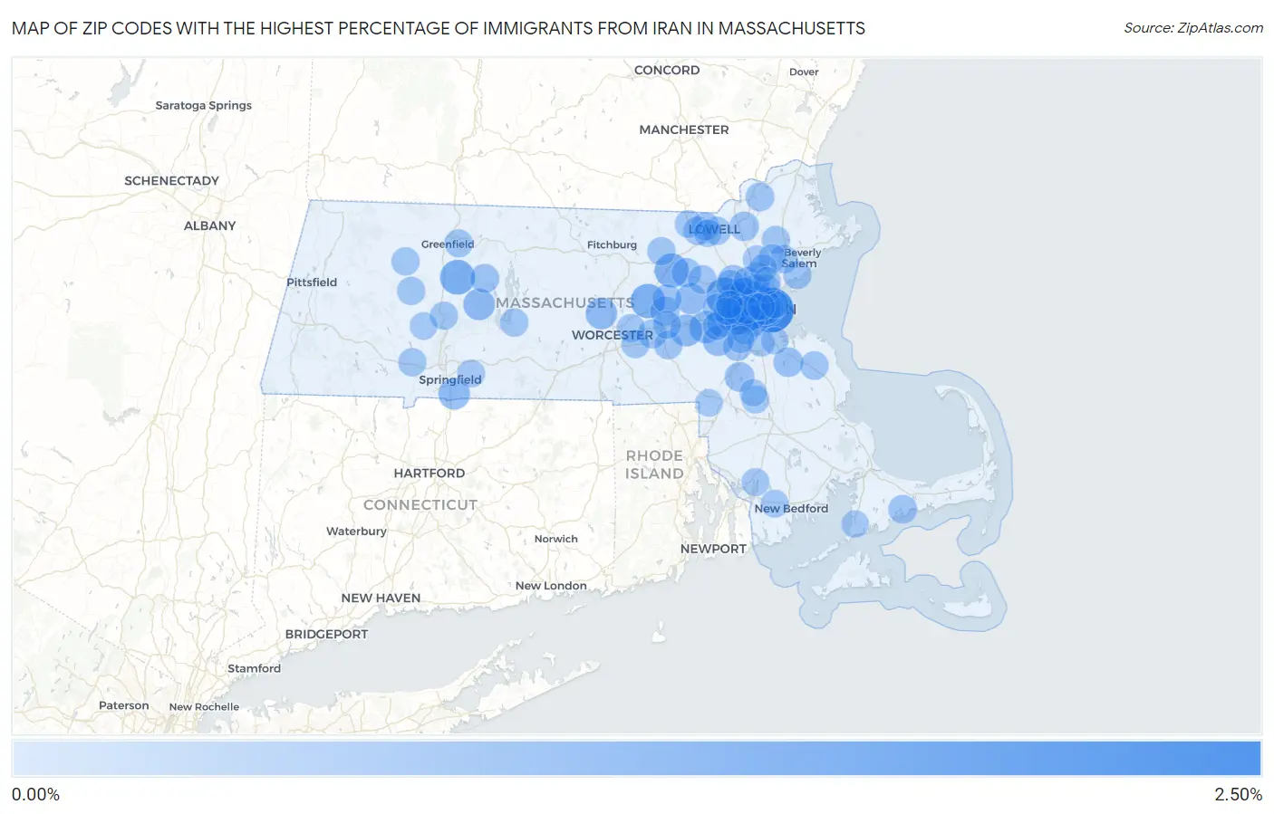 Zip Codes with the Highest Percentage of Immigrants from Iran in Massachusetts Map