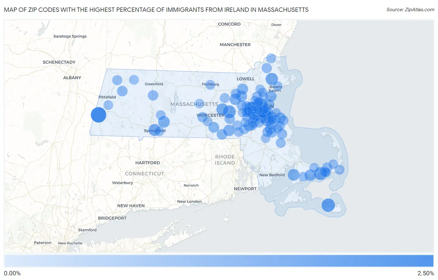 Zip Codes with the Highest Percentage of Immigrants from Ireland in Massachusetts Map