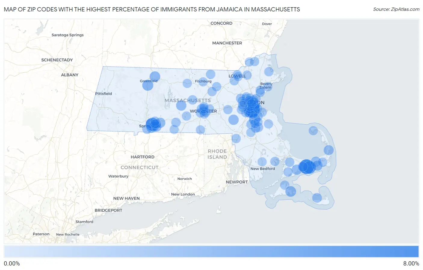 Zip Codes with the Highest Percentage of Immigrants from Jamaica in Massachusetts Map