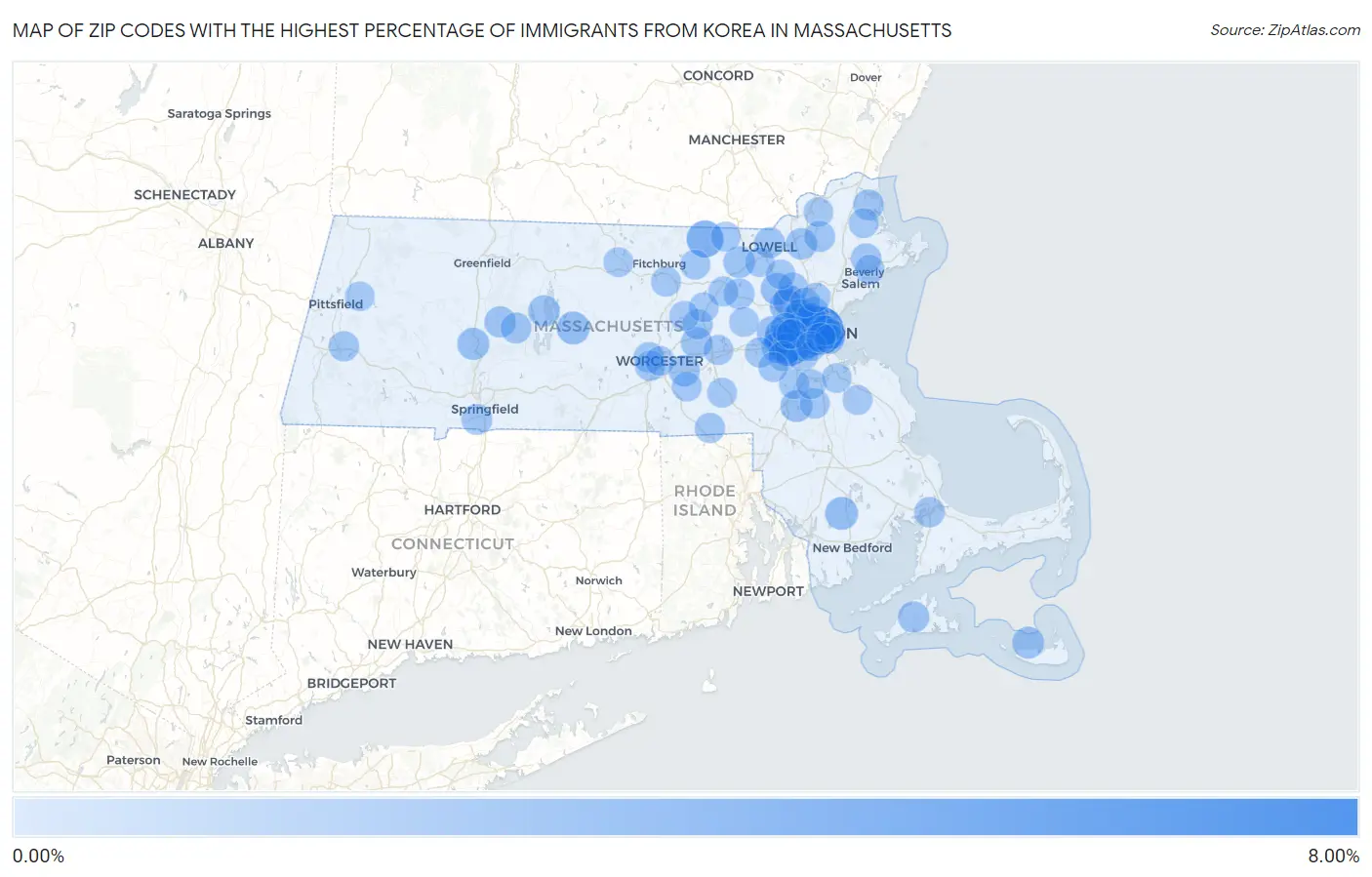 Zip Codes with the Highest Percentage of Immigrants from Korea in Massachusetts Map