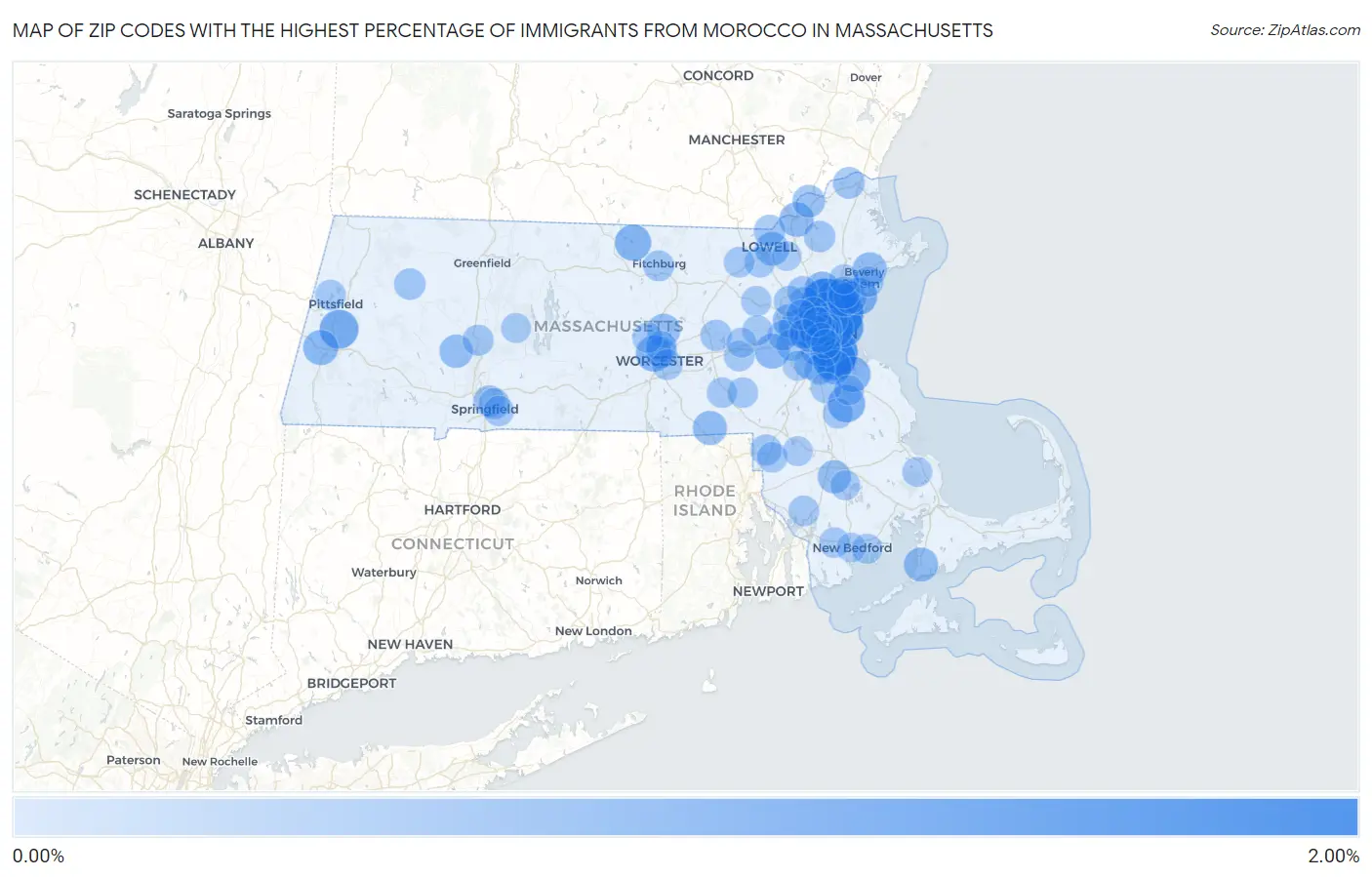 Zip Codes with the Highest Percentage of Immigrants from Morocco in Massachusetts Map