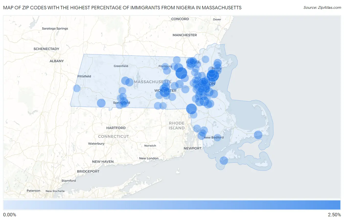 Zip Codes with the Highest Percentage of Immigrants from Nigeria in Massachusetts Map