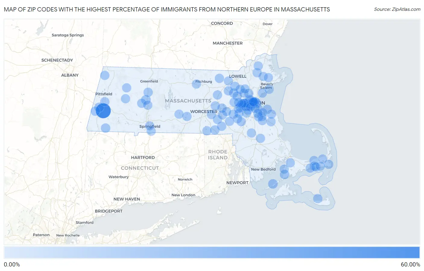 Zip Codes with the Highest Percentage of Immigrants from Northern Europe in Massachusetts Map