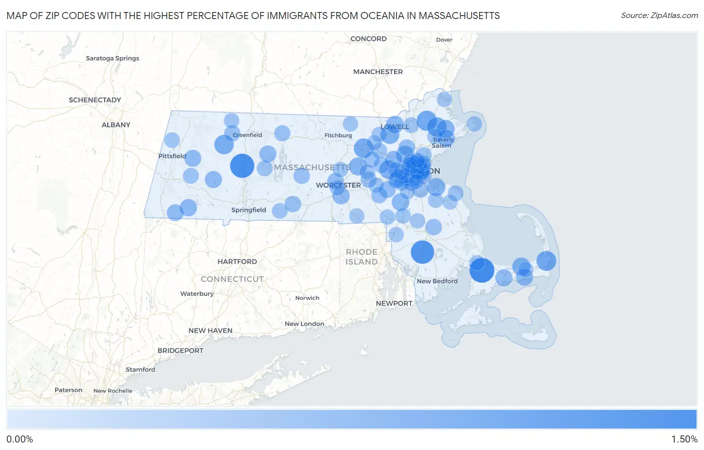 Zip Codes with the Highest Percentage of Immigrants from Oceania in Massachusetts Map
