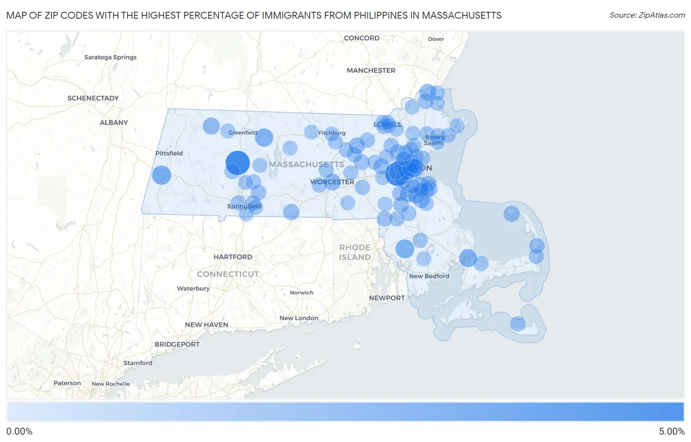 Zip Codes with the Highest Percentage of Immigrants from Philippines in Massachusetts Map