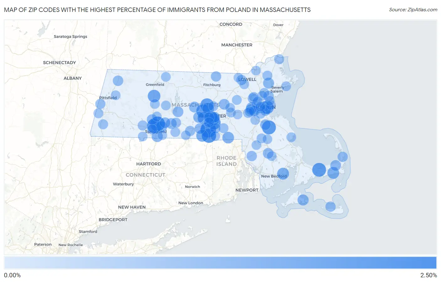 Zip Codes with the Highest Percentage of Immigrants from Poland in Massachusetts Map