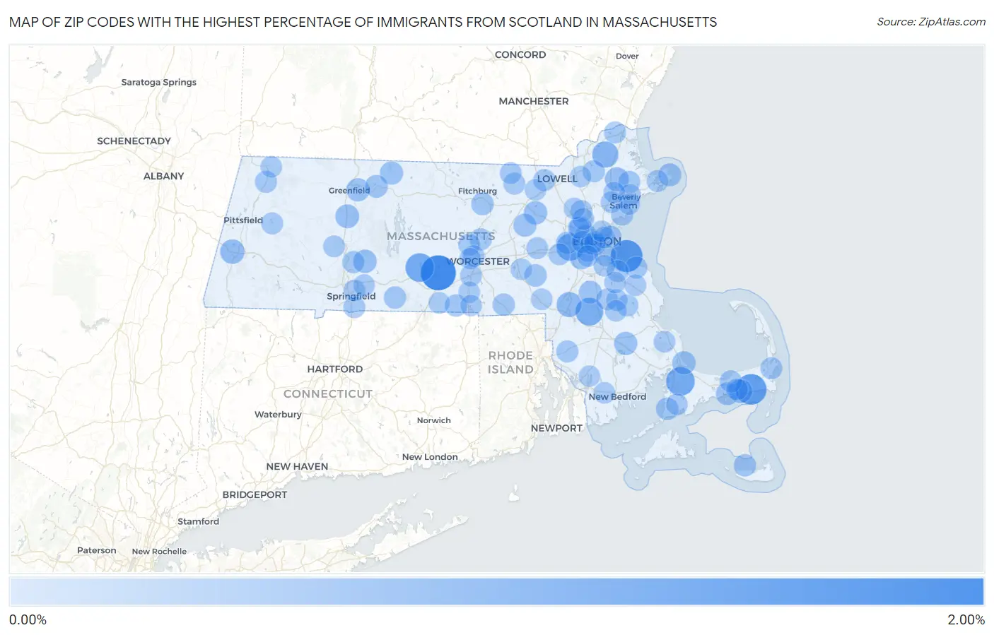 Zip Codes with the Highest Percentage of Immigrants from Scotland in Massachusetts Map