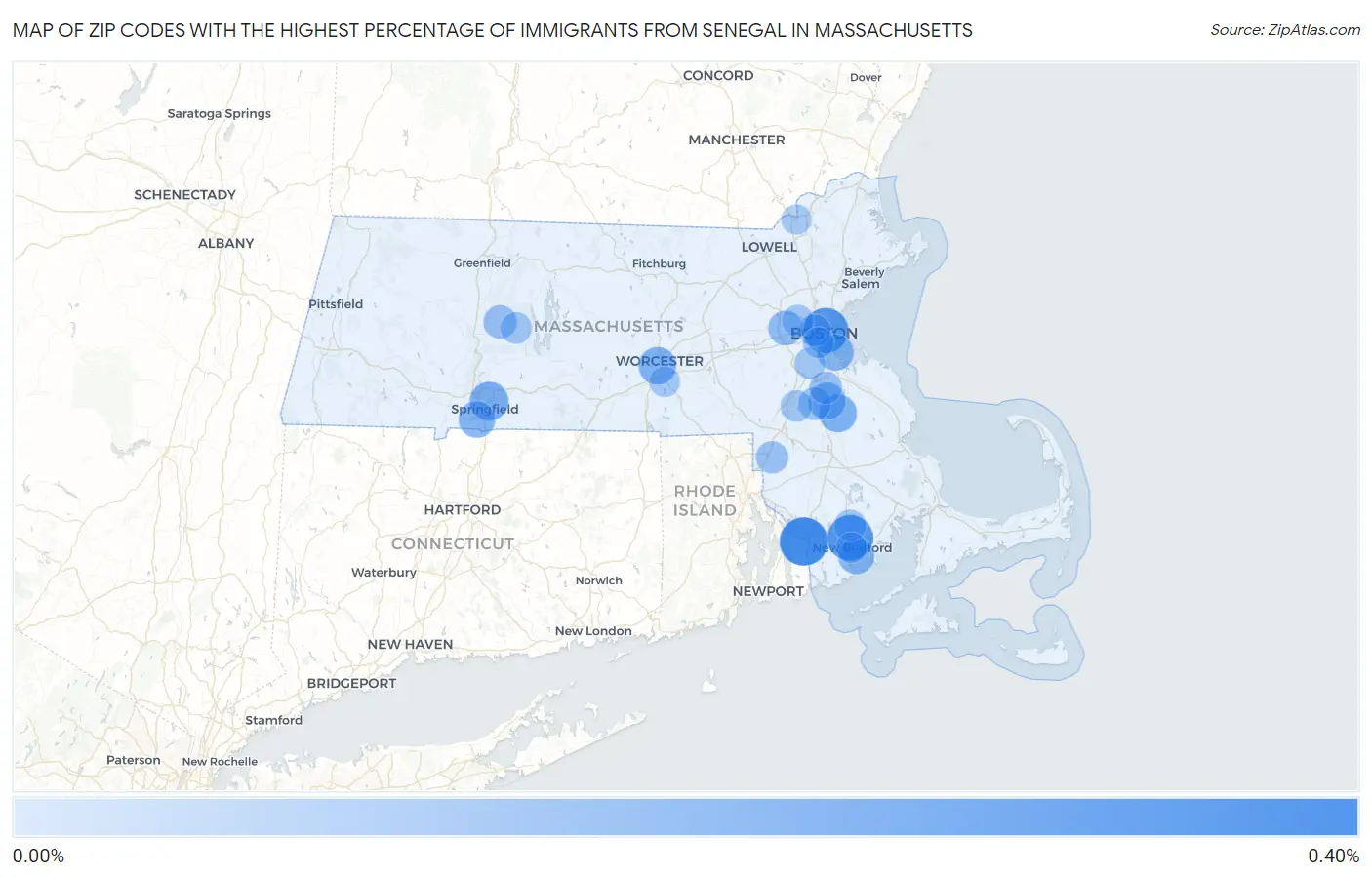 Zip Codes with the Highest Percentage of Immigrants from Senegal in Massachusetts Map