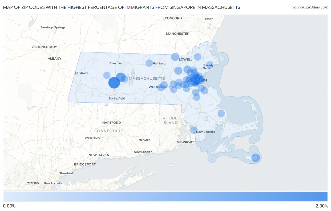 Zip Codes with the Highest Percentage of Immigrants from Singapore in Massachusetts Map