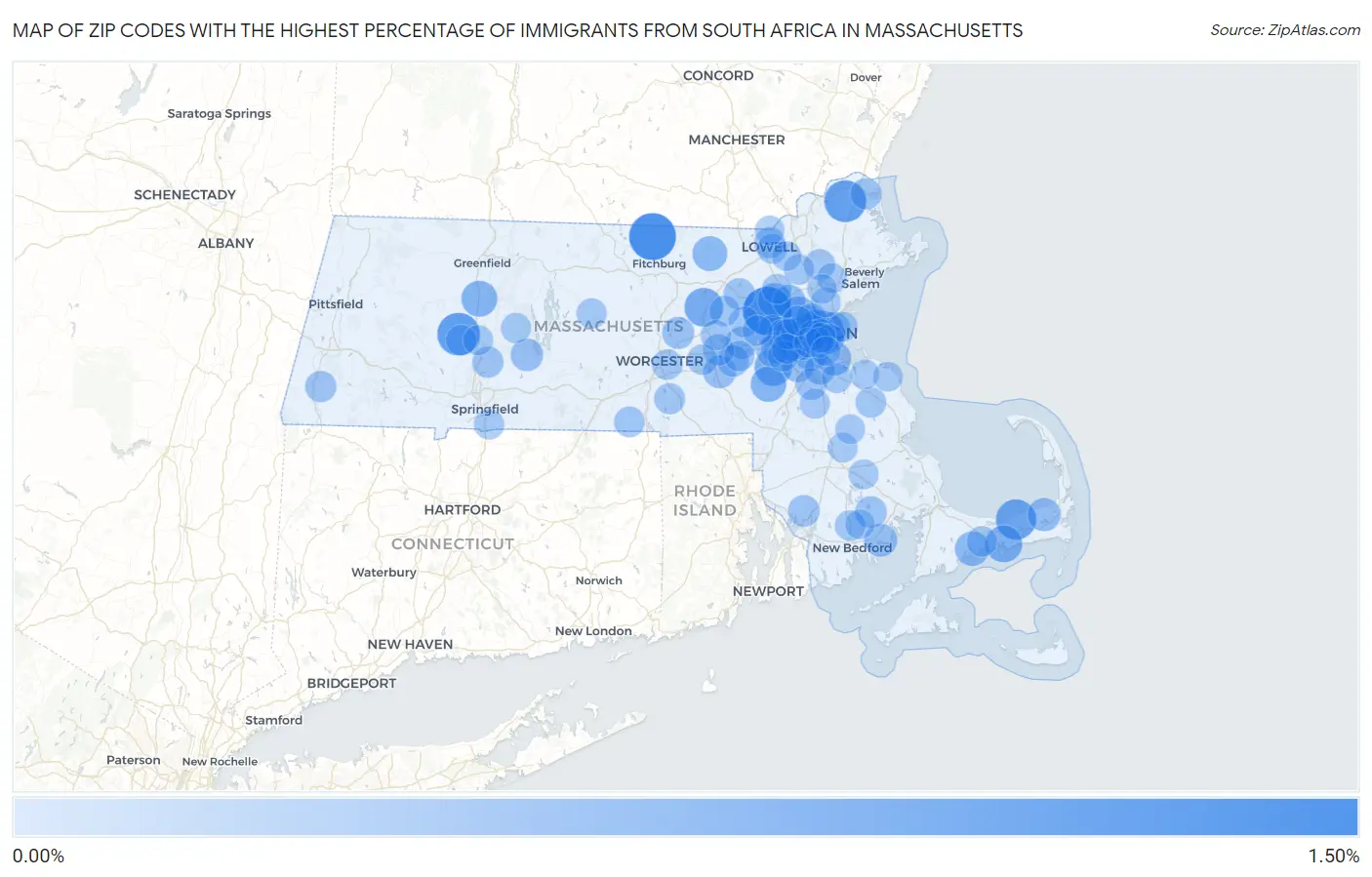 Zip Codes with the Highest Percentage of Immigrants from South Africa in Massachusetts Map