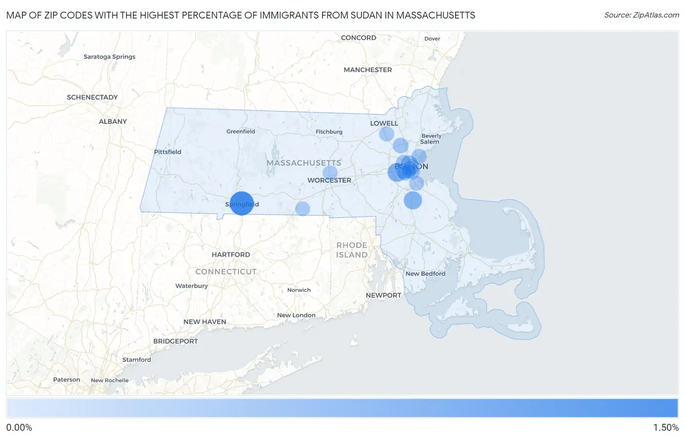 Zip Codes with the Highest Percentage of Immigrants from Sudan in Massachusetts Map
