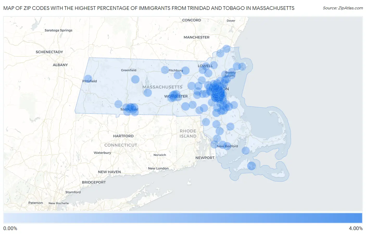 Zip Codes with the Highest Percentage of Immigrants from Trinidad and Tobago in Massachusetts Map