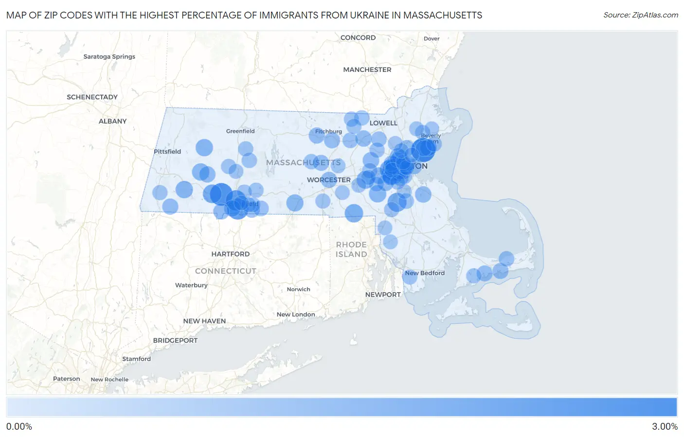 Zip Codes with the Highest Percentage of Immigrants from Ukraine in Massachusetts Map