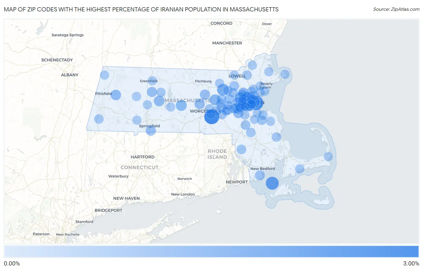 Zip Codes with the Highest Percentage of Iranian Population in Massachusetts Map