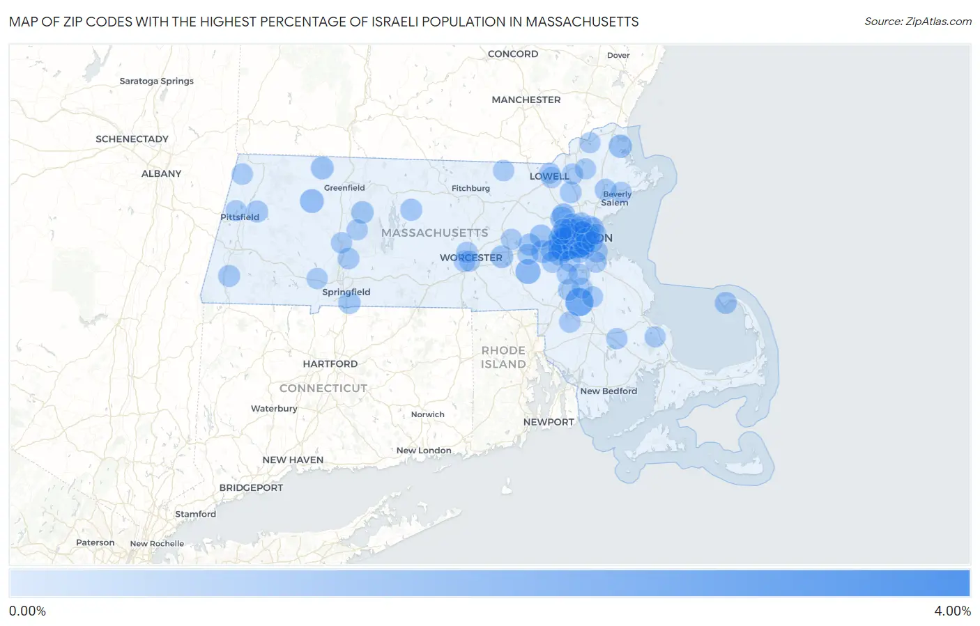 Zip Codes with the Highest Percentage of Israeli Population in Massachusetts Map
