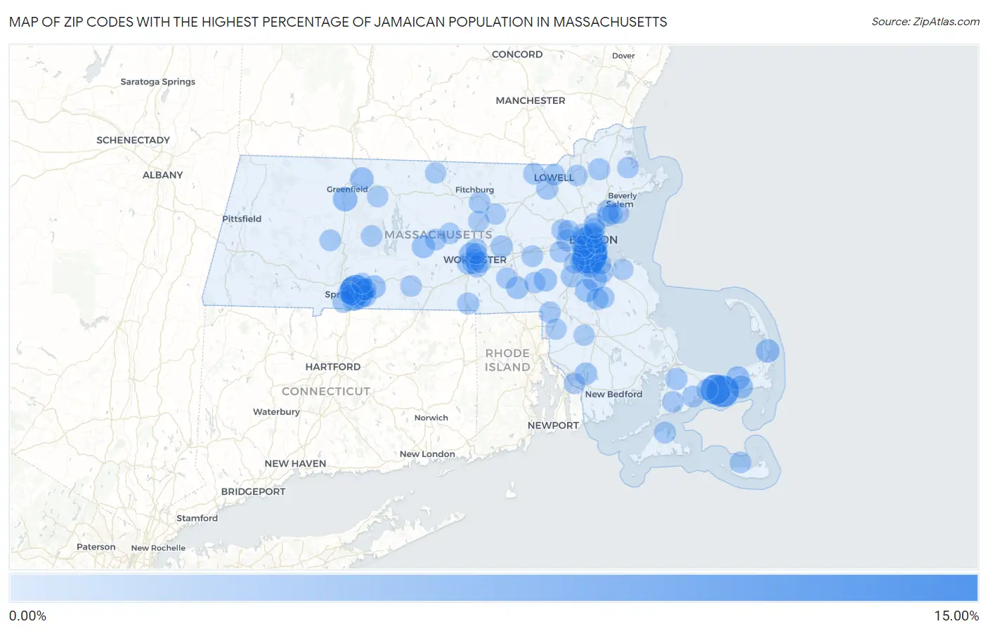Zip Codes with the Highest Percentage of Jamaican Population in Massachusetts Map