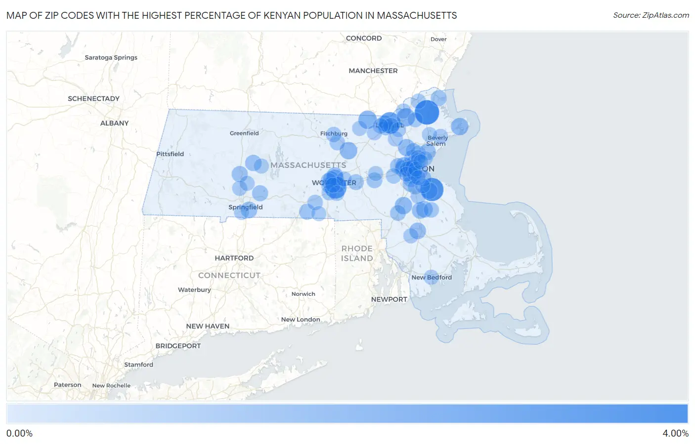 Zip Codes with the Highest Percentage of Kenyan Population in Massachusetts Map