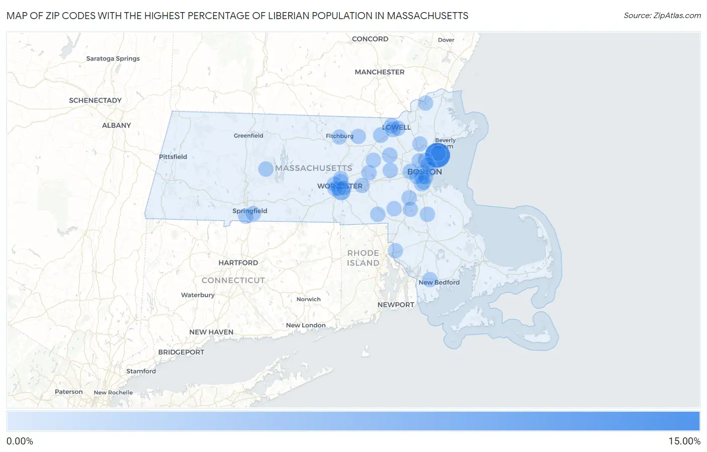 Zip Codes with the Highest Percentage of Liberian Population in Massachusetts Map